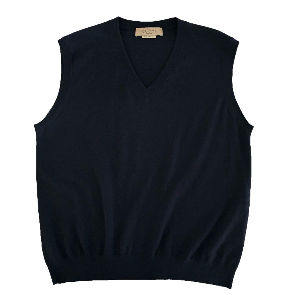 Gucci Sweater Vest Men's XL Navy Wool Knit V Neck Uniform Pullover